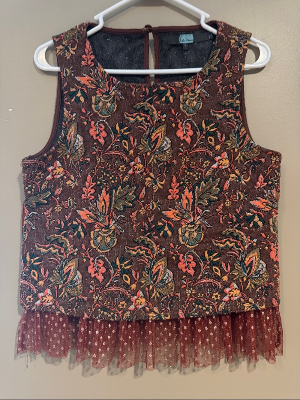 Anthropologie Brown Floral Embroidered Sleeveless Top with Tulle Hem
